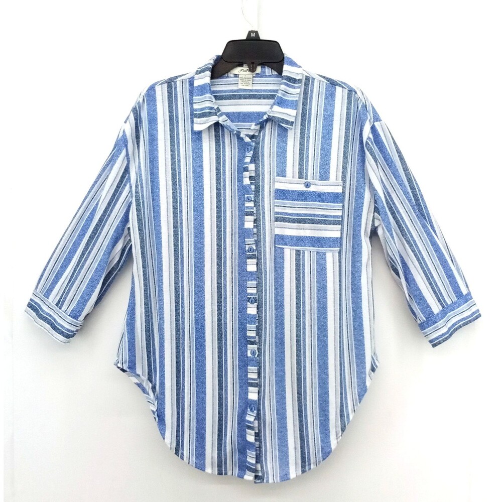 Love Potion Shirt Womens Large Blue White Striped Roll Tab Sleeves Button Up Top